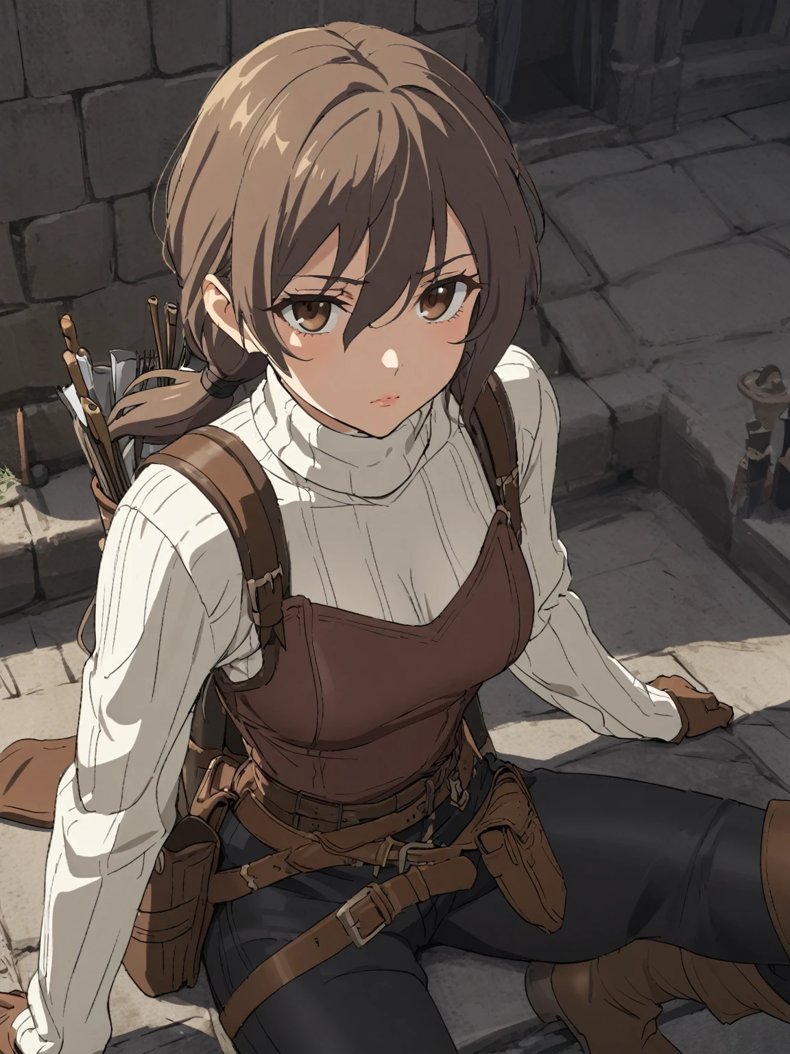 {{upper body}} {{Artist: sincos}} 11 girl, solo, black pants, thief, leather boots, brown hair, brown eyes, long sleeves, brown leather gloves, sanpaku, knife holster, sitting, short hair, hair between eyes, long sleeved (white turtleneck sweater:1.3), expressionless, belt pouch, blank eyes, toned female, quiver, brown vest, long bangs, medium breasts, lips, low ponytail, lips, adult woman, pov, medieval fantasy.