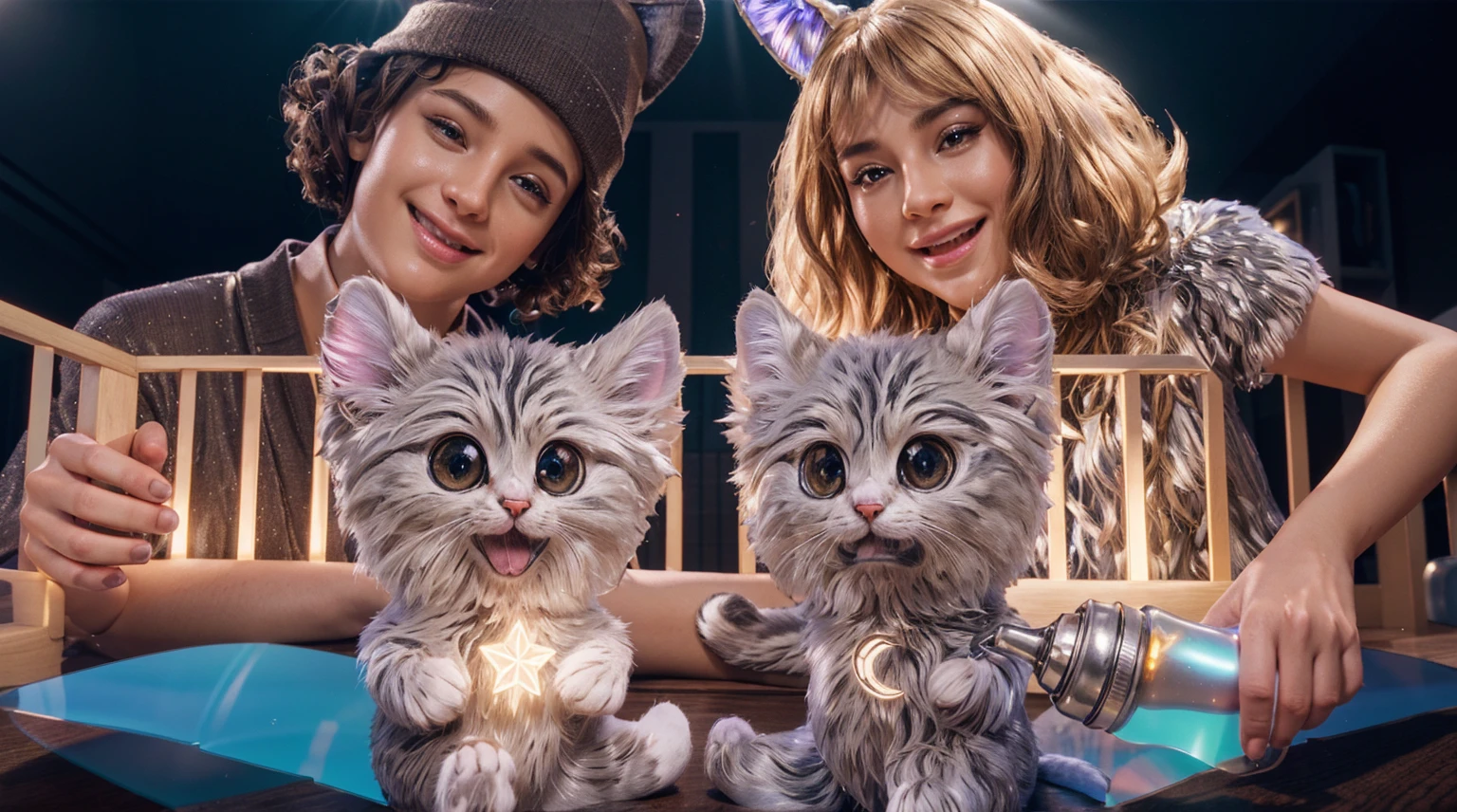 The image features a boy and a girl sitting on opposite sides of a wooden fence, with a cute cat lying between them, smooth 3d model, glossy plastic texture, multiple light sources, rim light, sharp post effects render, most beautiful vfx, , realistic, 4k, high resolution, rim light, smooth 3d model. , glossy texture, smooth 3d model, multiple light sources, rim light, sharp post effects render, (glossy plastic texture with multiple big light probe refractions), perfect cgi, reflective, best quality, 4k, masterpiece:1.2, ultra-detailed, realistic, vivid colors, The image of the highest quality, ensuring every detail showcased perfectly. It in 4k resolution, allowing viewers to immerse themselves in the richness of the colors and intricate details. The realistic rendering. under the spotlight, reflecting, high-resolution image, realistic rendering