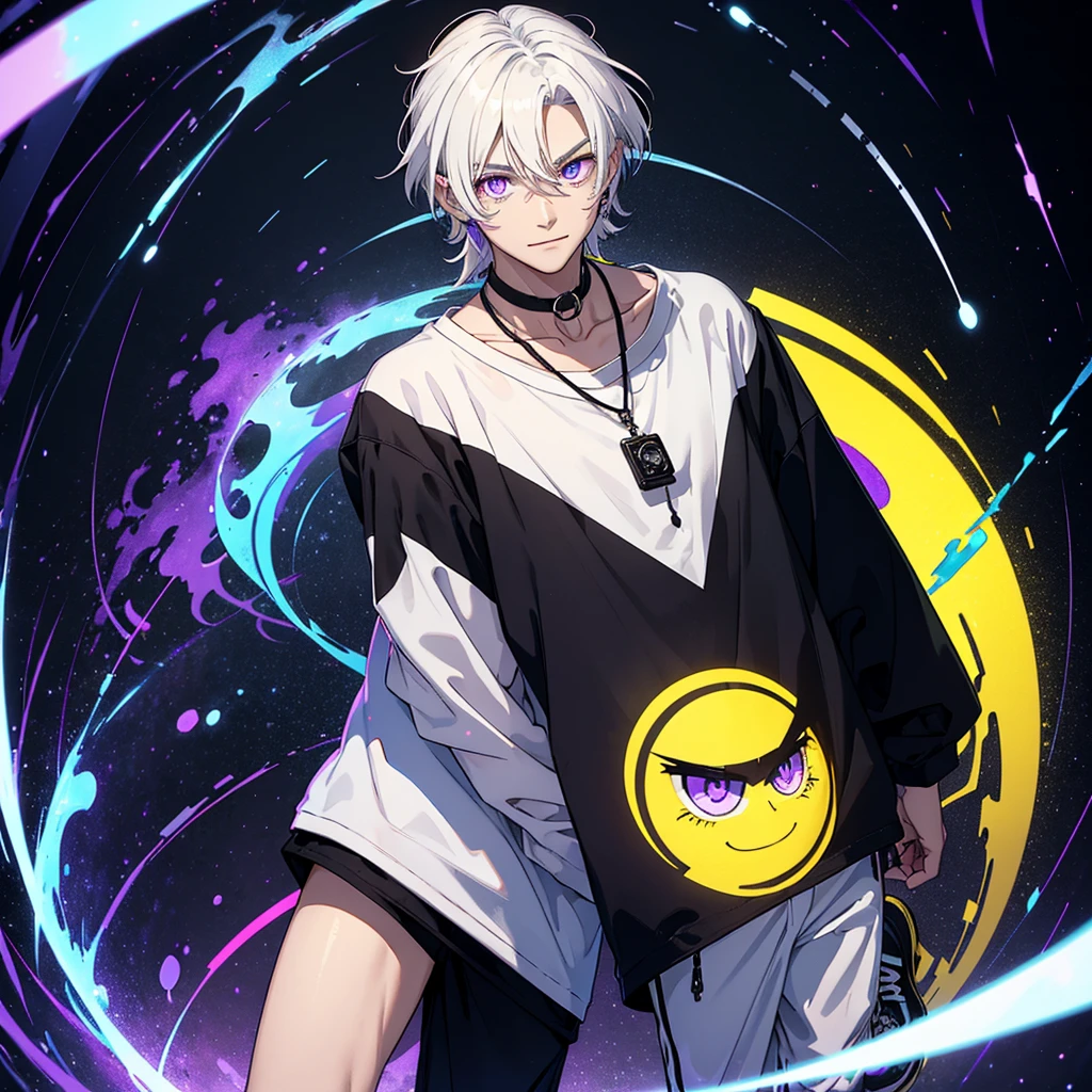 A Boy With Medium-Length Straight White Hair at Neck Length, He has violet eyes with a white circle in the iris, for clothes he wears a wide white t-shirt with another underneath in black with yellow stripes, with Violet Pants with Lightning Details. Stylish Black Sneakers and an Eye Necklace. and also he has a strong red eyeliner on his eyes and a black line on his throat with some ripples and a yellow 4-sided star in the center of it.. He has a cold and serious personality with a more triangular and mature face.. He is smiling and standing in a mirror dimension with shades of Neon Purple.