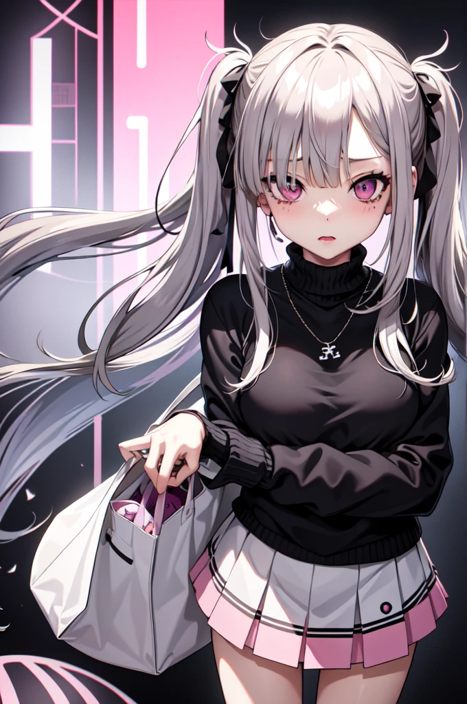 One girl ,Anime Style, masterpiece ,Ultra-fine resolution, complicated ,  Straight , complicatedな品質すこやかな , Gray Hair, Pink Eyes, Twin tails,Long Hair, , Blue circles under the eyes , Tired look , Half closed eyes , sad ,Glitch