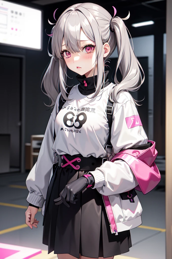 One girl ,Anime Style, masterpiece ,Ultra-fine resolution, complicated ,  Straight , complicatedな品質すこやかな , Gray Hair, Pink Eyes, Twin tails,Long Hair, , Blue circles under the eyes , Tired look , Half closed eyes , sad ,Glitch