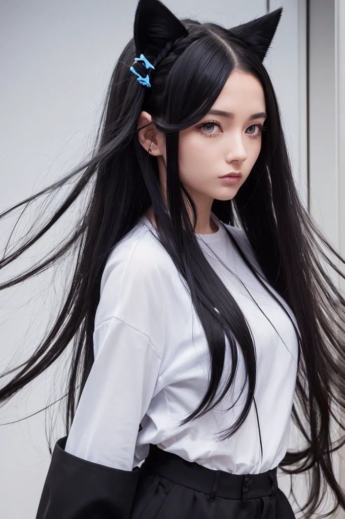 woman, white, black hair, long hair, wavy hair, blue eyes, black clothes, cat ears and cat tail