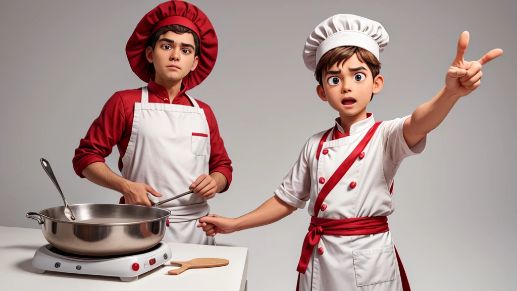 An astonished cook looking and pointing to the right side, he is dressed as a cook and his clothes are all white with red details. I want it to be on a completely blank background.