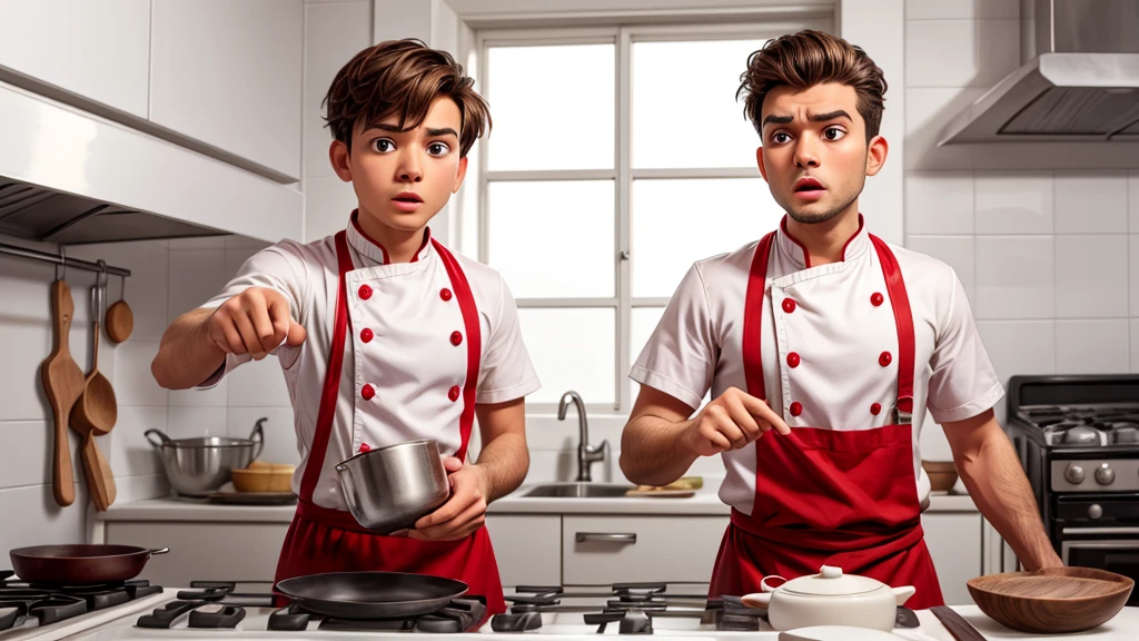 An astonished cook looking and pointing to the right side, he is dressed as a cook and his clothes are all white with red details. I want it to be on a completely blank background.