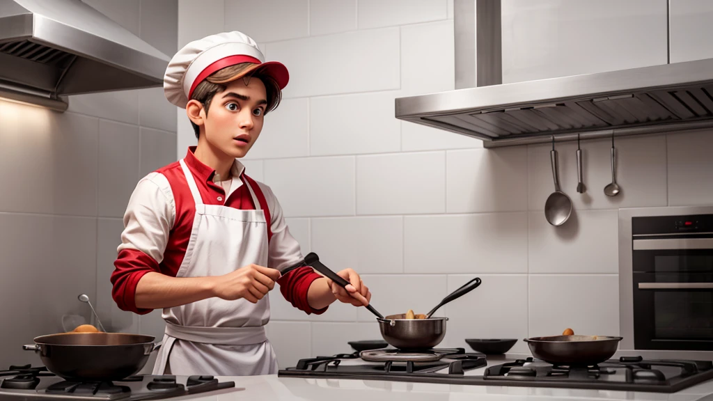 An astonished cook looking and pointing to the right side, he is dressed as a cook and his clothes are all white with red details. I want it to be on a completely blank background.