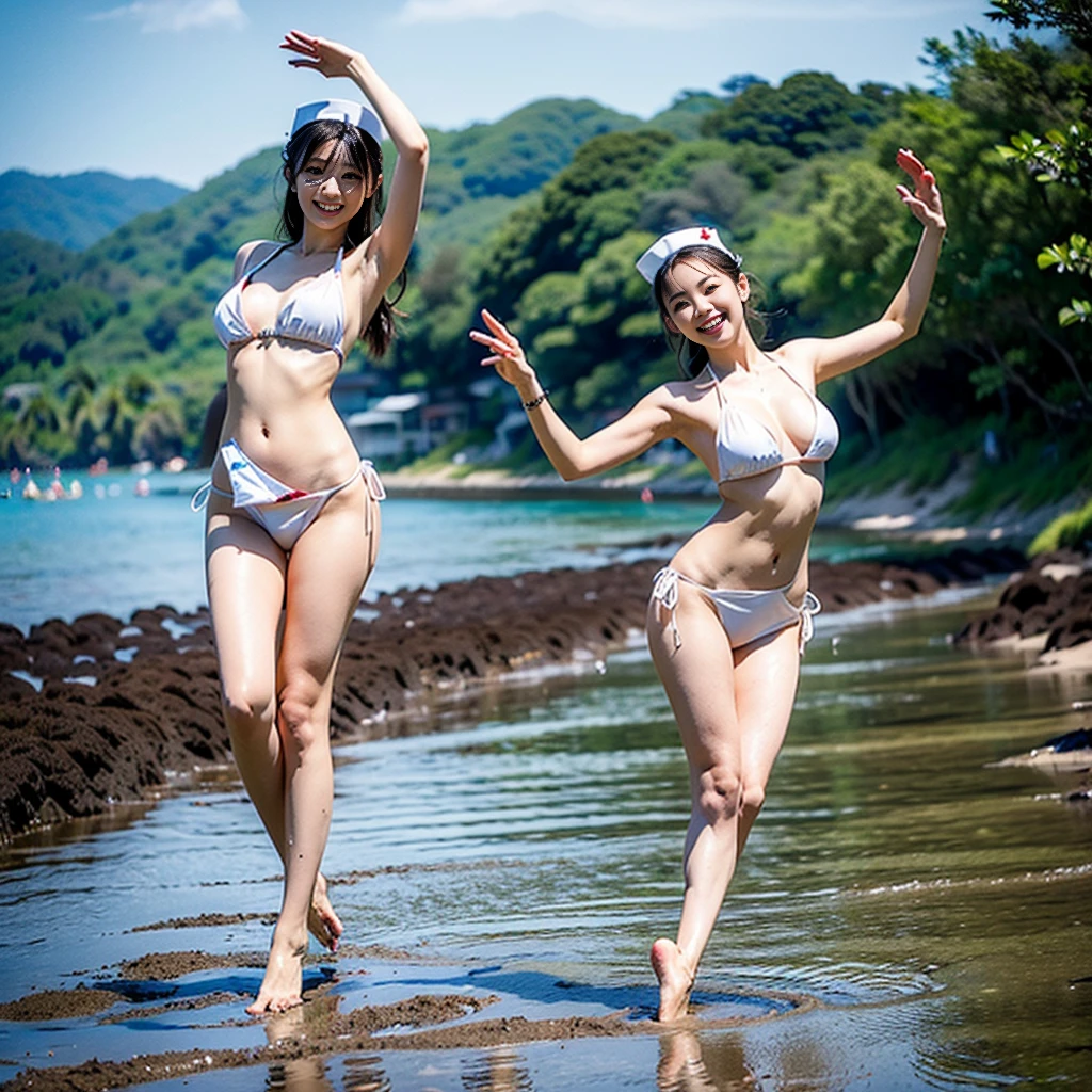 (((barefoot short-torsoed beautiful Japanese girls dancing on mud beach))), natural front lighting, ultra sharp focus,bright blonde braided twin hair, (((light silky pale white skin color))),blue large eyes with long eyelashes and double eyelids, dynamic angle,red lip,smile, (huge breasts), (full body shot:2), (((wearing sexy nurse bikini))), waving long arms, (slender waist),(thin long legs),(((beautiful)))