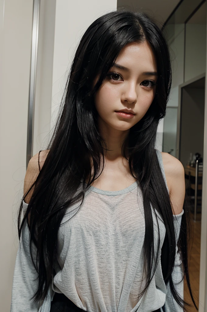 A girl anime character with long black hair with a beautiful but cool face