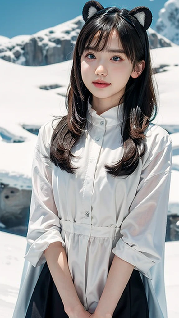 21 year old girl、Detailed Hair、Bear Ear Headband。(Random Nudes),Exhibitionism,((Random exposure of genitals))。 Beautiful areola。Fine hair。In the magnificent snowy mountains、Detailed and complex background