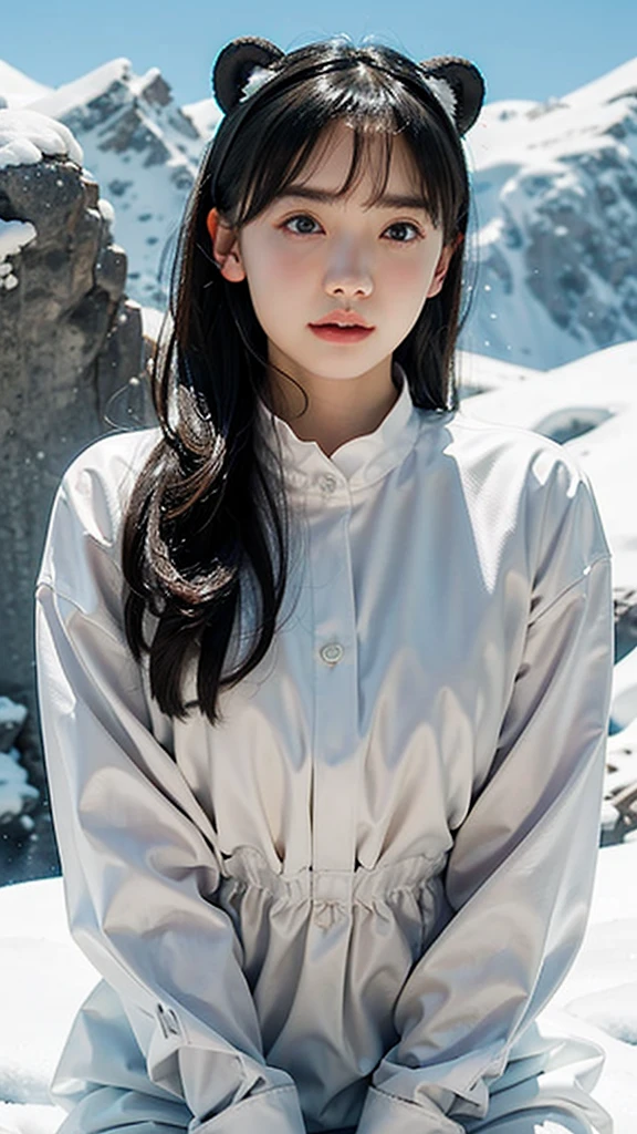 21 year old girl、Detailed Hair、Bear Ear Headband。(Random Nudes)，Exhibitionism，((Random exposure of genitals))。　Beautiful areola。Fine hair。In the magnificent snowy mountains、Detailed and complex background