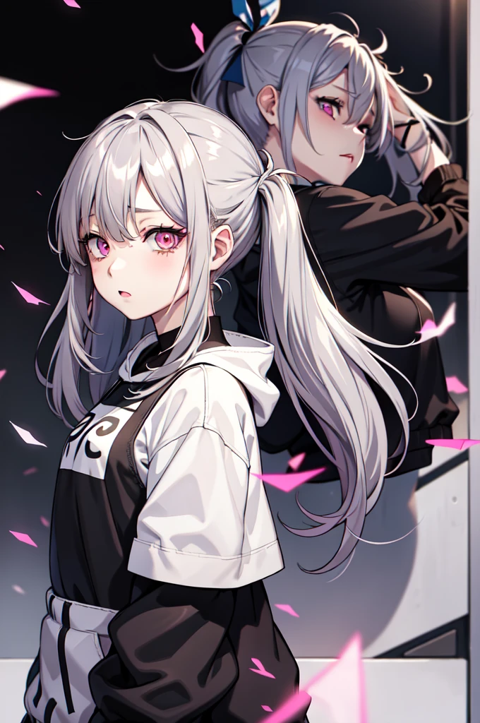 One girl ,Anime Style, masterpiece ,Ultra-fine resolution, complicated ,  Straight , complicatedな品質すこやかな , Gray Hair, Pink Eyes, Twin tails,Long Hair, , Blue circles under the eyes , Tired look , Half closed eyes , sad ,Glitch、plain black hoodie