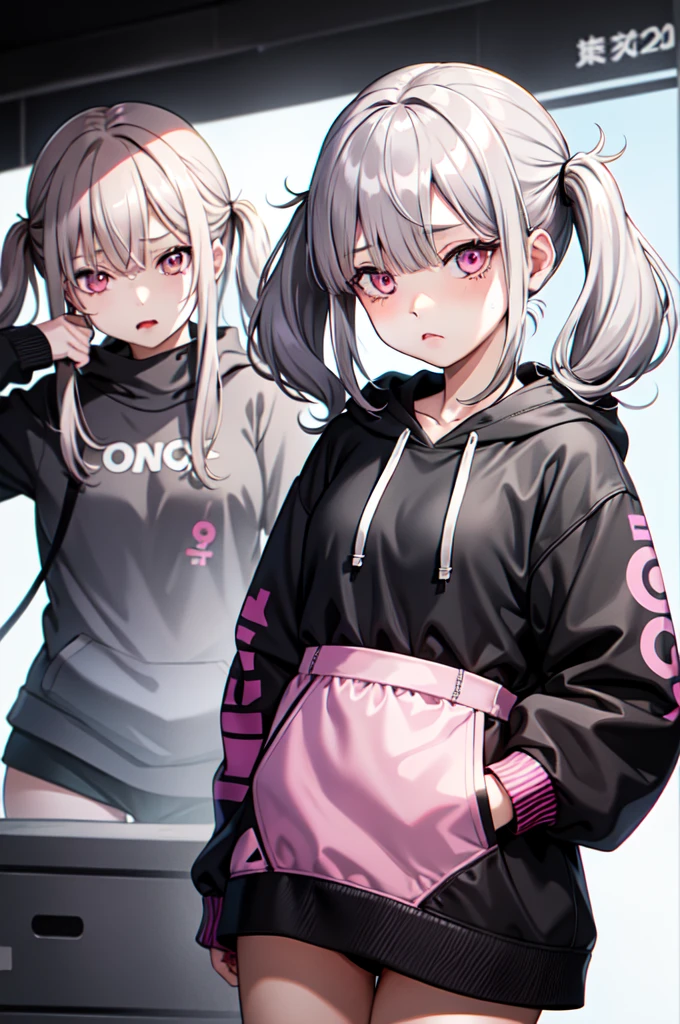 One girl ,Anime Style, masterpiece ,Ultra-fine resolution, complicated ,  Straight , complicatedな品質すこやかな , Gray Hair, Pink Eyes, Twin tails,Long Hair, , Blue circles under the eyes , Tired look , Half closed eyes , sad ,Glitch、plain black hoodie