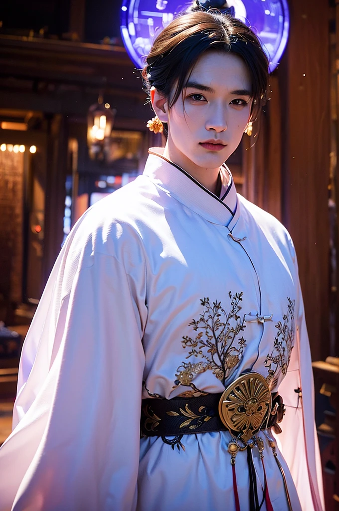 a man in a white robe, young and handsome man, ponytail, waist-length hair, ancient Chinese clothing, qi, a huge saber, ancient Chinese buildings in the background, night, powerful character, purple rays, a beautiful landscape. Detailed face, thick eyebrows, black eyes, 8k, robe embroidered with gold edges, detailed clothing, xianxia, world of cultivation. ((upper body))