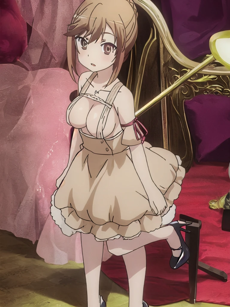 Anime style, {{standing portrait}}, full body, {{woman around 30}}, adult woman, single woman, single adult woman, young woman, standard boobs, medium boobs, normal , {{medium hair}}, shoulder length hair, {{beige blonde hair}}, large eyes, cute eyes, {{brown eyes}}, {{tare eyes}}, stockings, high heels, {{nsfw}}, masterpiece, high quality, high quality, Bad anatomy, reddish purple with plain background