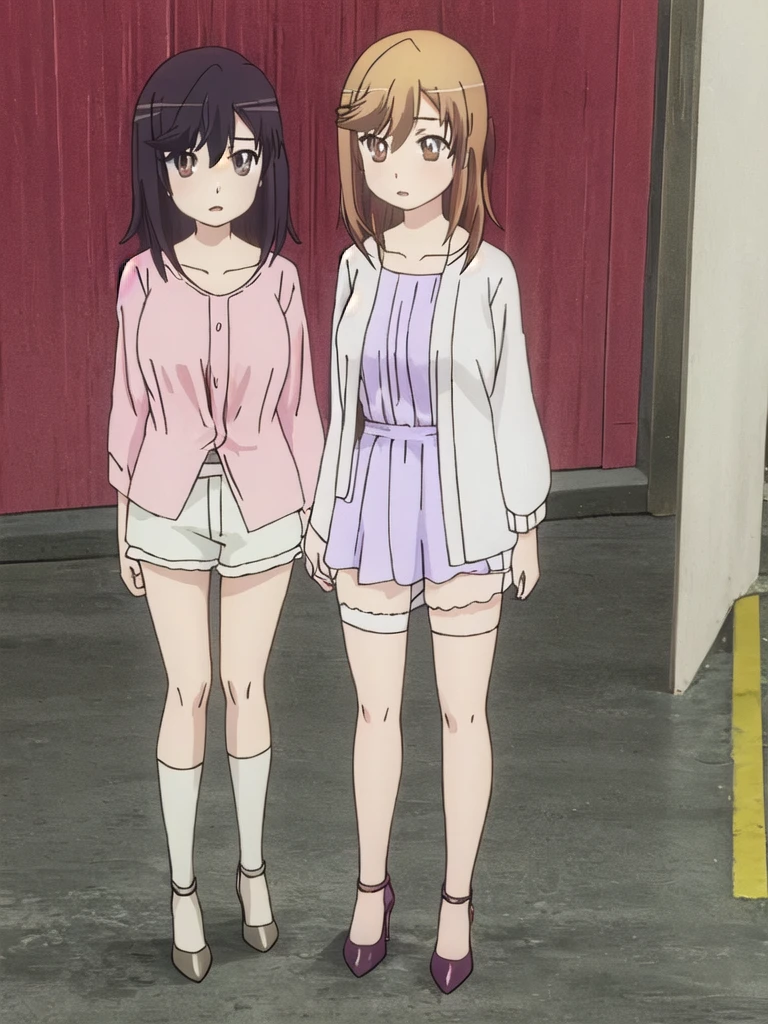 highest quality, Ultra-high resolution, (Realistic: )2D official style cel animation,((2Girl sitting in a row))high school girl、Twin tails、White Big Ribbon、Grey mini skirt,summer shirt,Unbutton、(Lace panties、Lace bra),loose socks,Full body portrait,(From below),Station stairs,sunny,Spread your legs、blush、