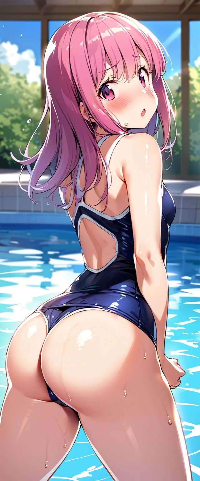 woman,,Pool,noon,(((Navy school swimsuit))),blush、Surprised face,,((Looking Back))(Wet)Reflecting the buttocks,Big Ass