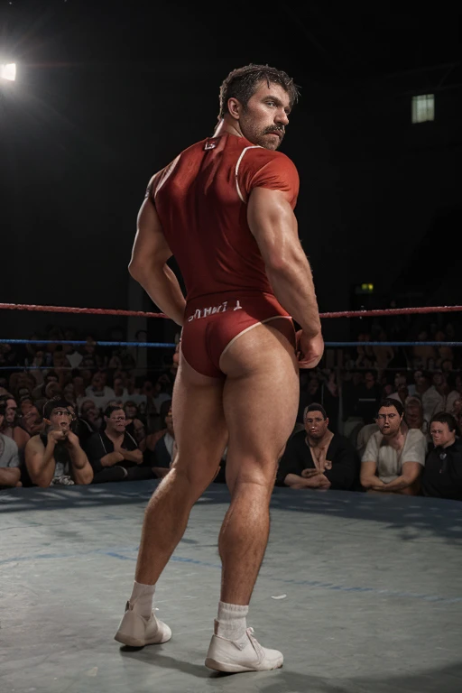 (((Muscular man))) masterpiece, best quality, high resolution, closeup portrait, male focus, solo focus, A man, 50 years old, grey hair, Wrestling player, wrestler player, grey silver hair, messy hairstyle, cute and seductive face, bare chest, body hair, facial hair, roman nose, , hairy legs, cute, dimples, goatee and mustache, bold jawline , full body, sweaty, in the city, amazing composition, , HDR, ultra quality, elegant, highly detailed,, beautiful asd, realisric male genitalia (((Big muscles))) (((red Wrestling clothes))) (((backside)))