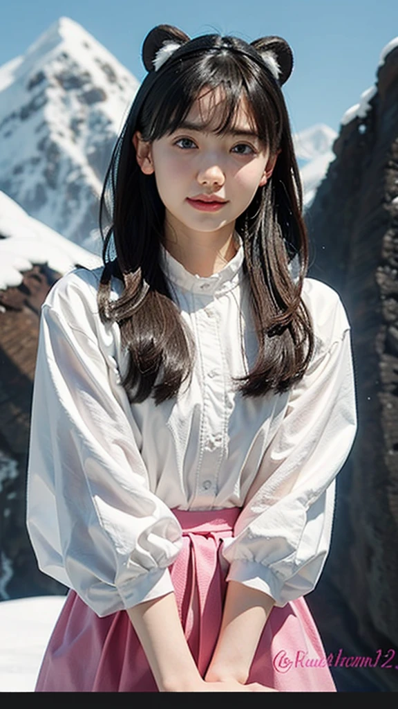 21 year old girl、Detailed Hair、Bear Ear Headband。(Random Nudes),Exhibitionism,((Random exposure of genitals))。 Beautiful areola。Fine hair。In the vast snowy mountains、Detailed and complex background