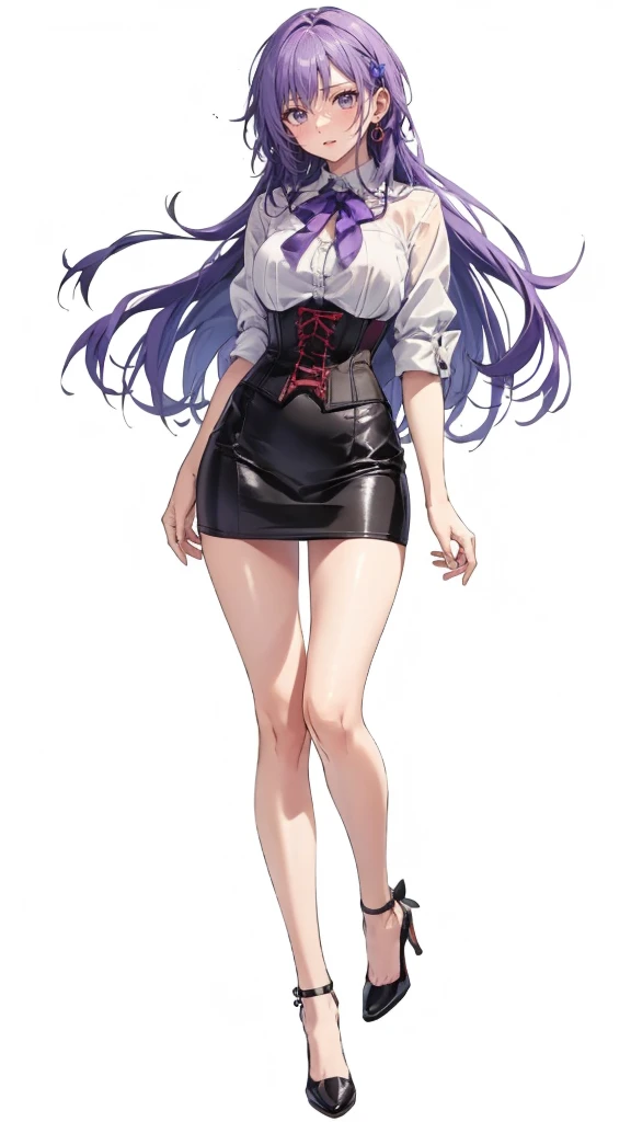 ((Perfect Face)),Purple Hair,Adult female,White shirt,((Shirt with rolled up sleeves)),(((Roll up your sleeves))),((corset)),short skirt,(High heels),((Simple White Background)),((full body)),((Full Body)),