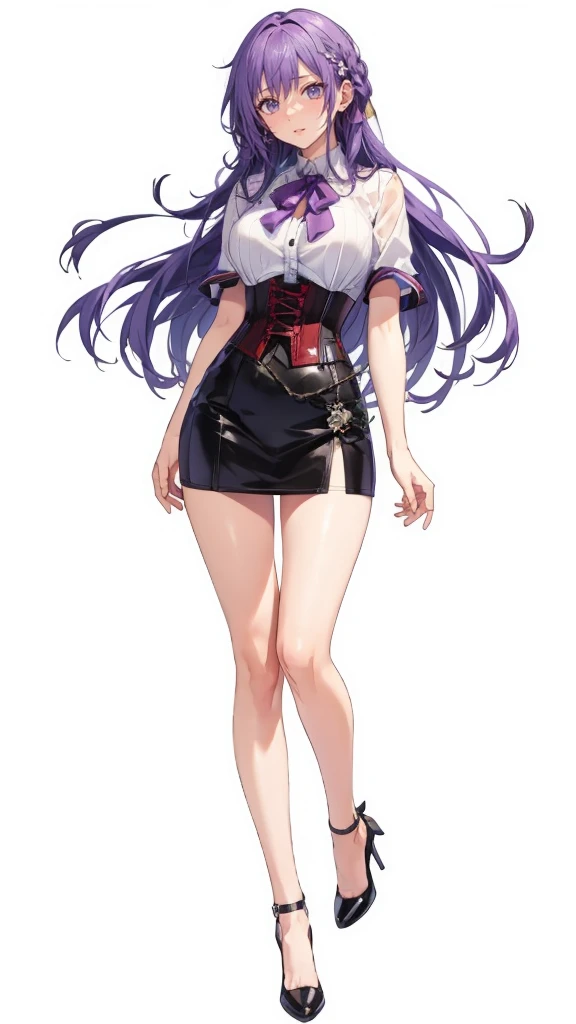 ((Perfect Face)),Purple Hair,Adult female,White shirt,((Shirt with rolled up sleeves)),(((Roll up your sleeves))),((corset)),short skirt,(High heels),((Simple White Background)),((full body)),((Full Body)),