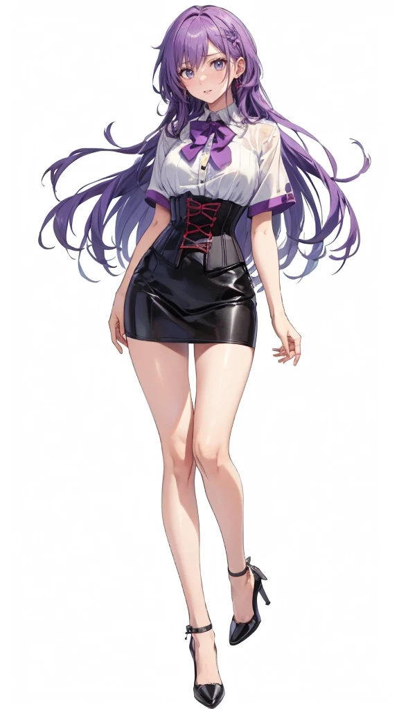 ((Perfect Face)),Purple Hair,Adult female,White shirt,((Shirt with rolled up sleeves)),(((Roll up your sleeves))),((corset)),short skirt,(High heels),((Simple White Background)),((full body)),((Full Body)),