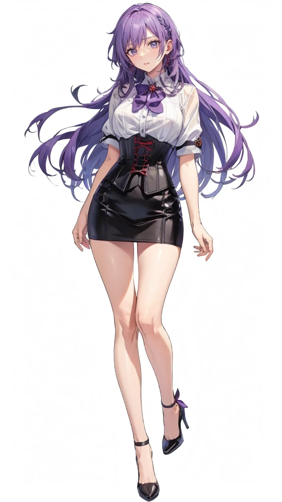 ((Perfect Face)),Purple Hair,Adult female,White shirt,((Shirt with rolled up sleeves)),(((Roll up your sleeves))),((corset)),short skirt,(High heels),((Simple White Background)),((full body)),((Full Body)),