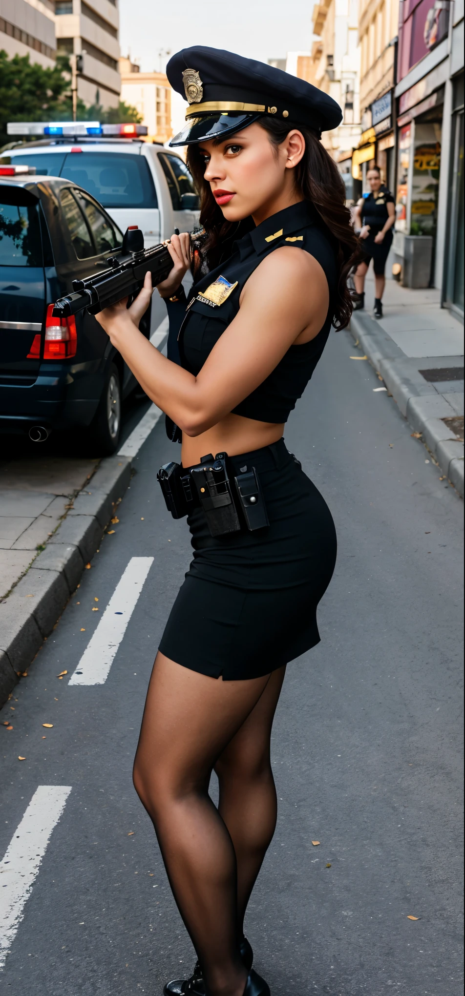 arafed woman in a police uniform black skirt with stockings,holding a gun, female spy, with pistol, security agent, gorgeous female pornstar vivian loha in outdoor Street road, with rifle, with a gun, special agent, anya from spy x family, armed and dangerous, shot from the side, Vivian loha pornstar as a cop, carrying a gun, in an action pose, officer, female investigator, Vivian loha pornstar, completely safe for work image,sfw, whole body capture, full shot, sexy legs 