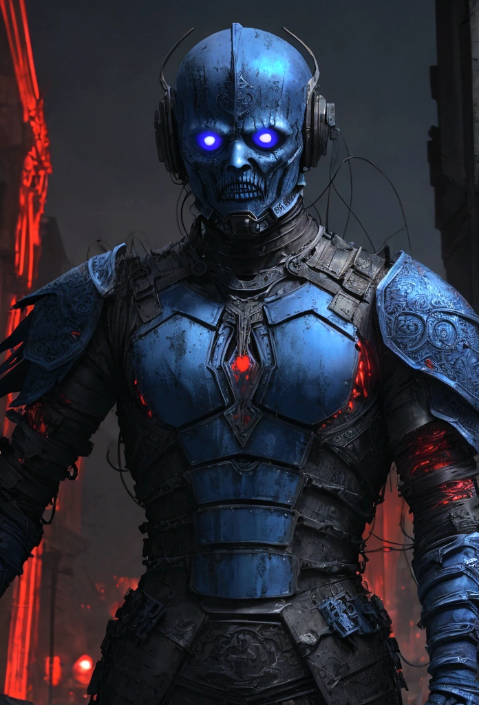 (extremely detailed 8k wallpaper), a medium shot photo of scary Grim dressed as a dirty blue doctor in an armour made of red glowing wires from marvel, theme, intricate, high detail, dramatic, old scary building in the background