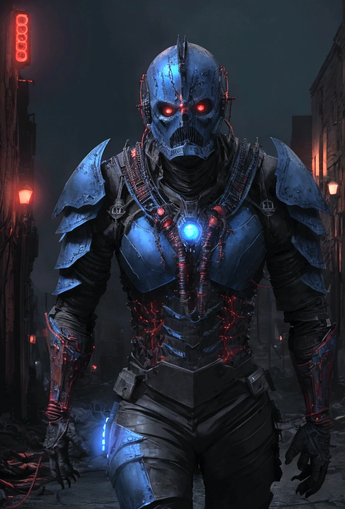  
(extremely detailed 8k wallpaper), a medium shot photo of scary  Grim dressed as a dirty blue doctor in an armour made of red glowing wires from marvel, theme, intricate, high detail, dramatic, old scary building in the background