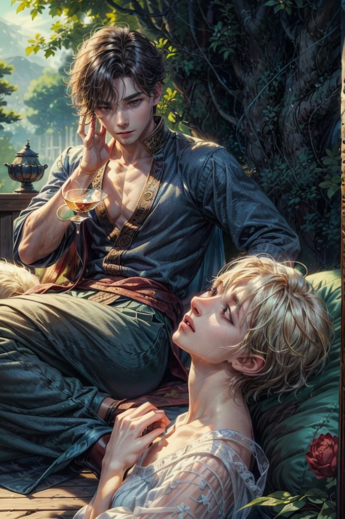 ((Best quality)), ((masterpiece)), (detailed), ((perfect face)), ((face focus)) a prince, a handsome young korean boy and short hair, resides in a cozy resort beside the beach, where he channels his creative energy into capturing the enchanting harmony between home and his inner world under the sea. As day turns to night, the moonlight envelops his canvas, revealing a breathtaking masterpiece that embodies the essence of his soul's journey and the beauty he discovers within himself." He run to take a girl