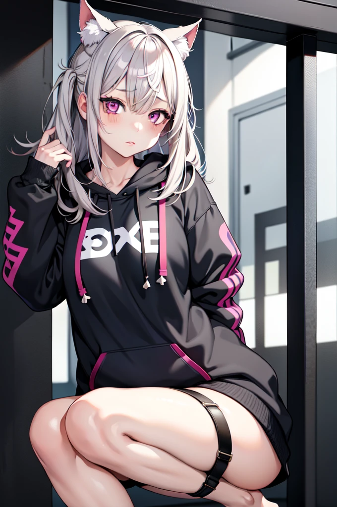 One girl ,Anime Style, masterpiece ,Ultra-fine resolution, complicated ,  Straight , complicatedな品質すこやかな , Gray Hair, Pink Eyes, Medium Hair , Blue circles under the eyes , Tired look , Half closed eyes , sad ,Glitch、plain black hoodie