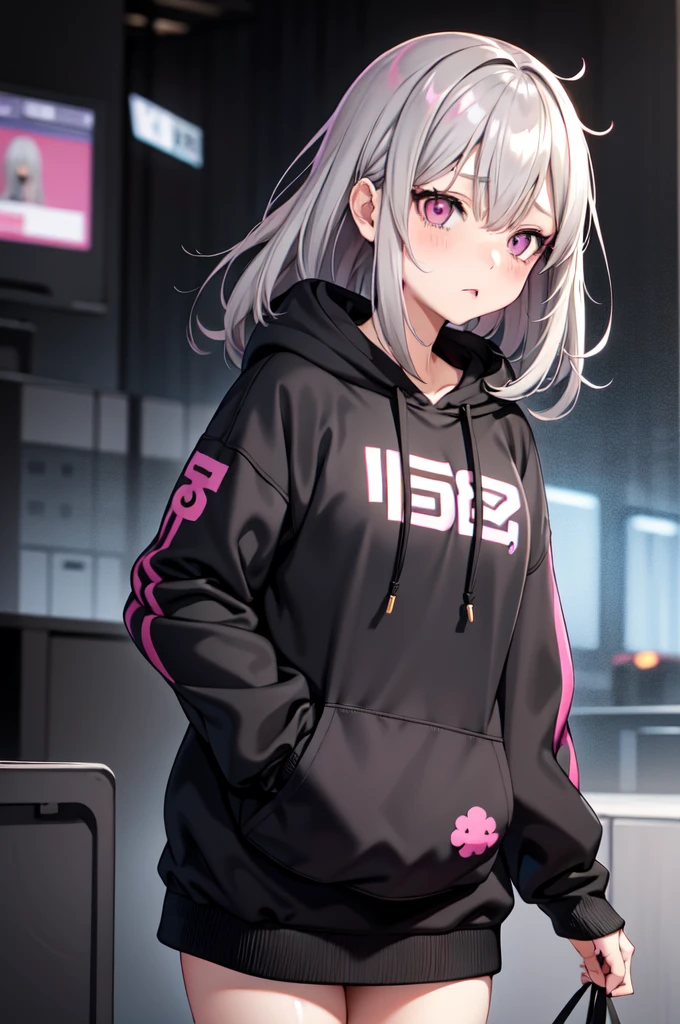 One girl ,Anime Style, masterpiece ,Ultra-fine resolution, complicated ,  Straight , complicatedな品質すこやかな , Gray Hair, Pink Eyes, Medium Hair , Blue circles under the eyes , Tired look , Half closed eyes , sad ,Glitch、plain black hoodie