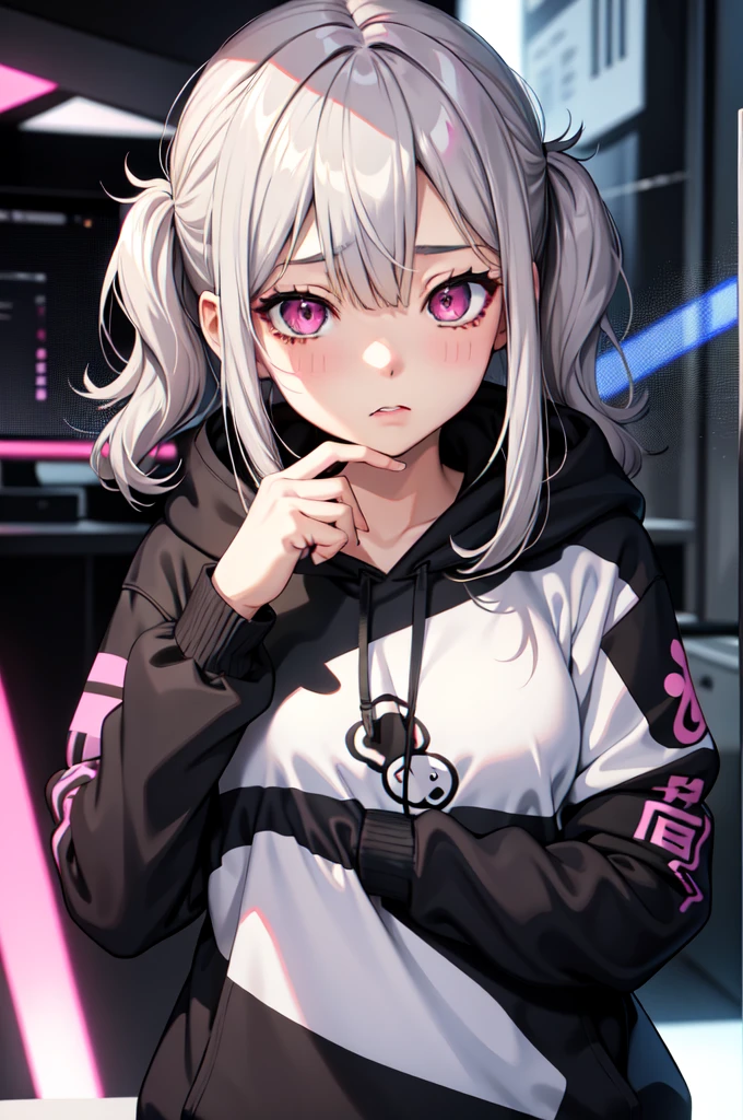 One girl ,Anime Style, masterpiece ,Ultra-fine resolution, complicated ,  Straight , complicatedな品質すこやかな , Gray Hair, Pink Eyes, Medium Hair , Blue circles under the eyes , Tired look , Half closed eyes , sad ,Glitch、plain black hoodie