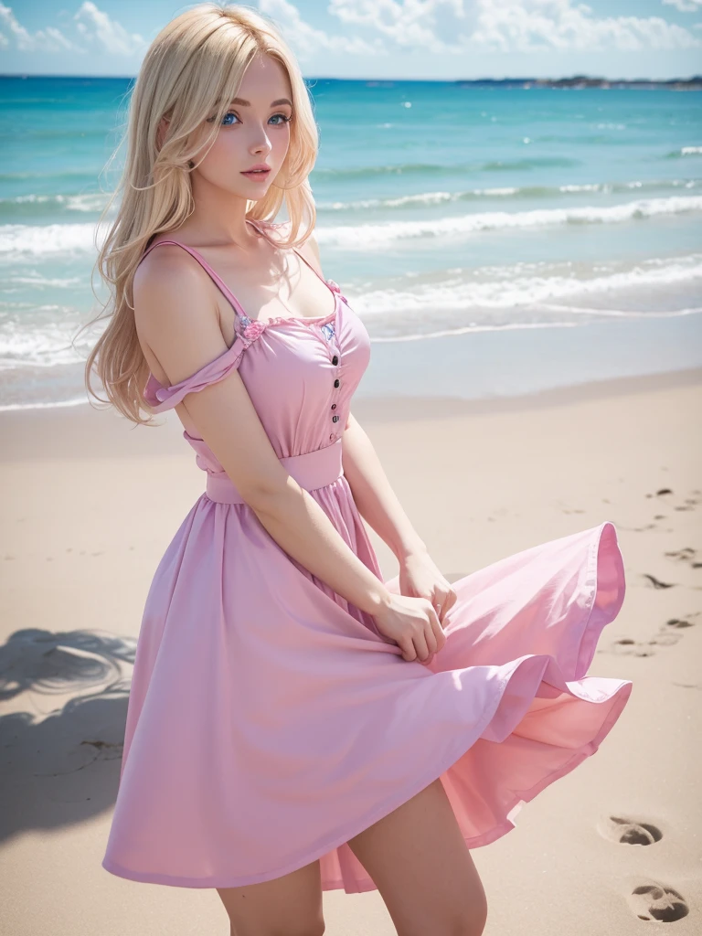 blue-eyed blonde woman in pink designer outfit on the beach