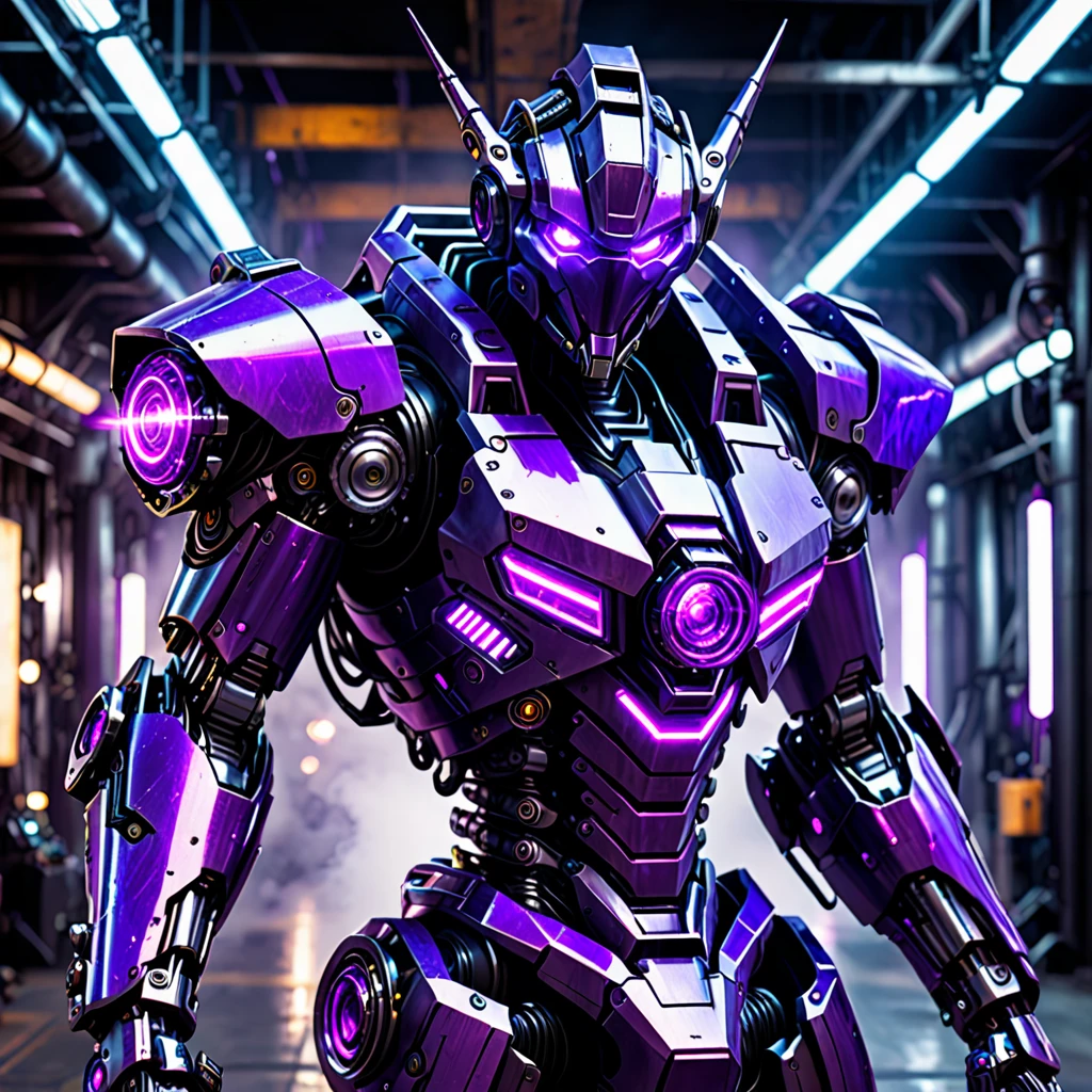 A fully mechanical humanoid being with violet laser cannons on his forearms., violet core and bright violet eyes, black and violet aesthetic, villain look