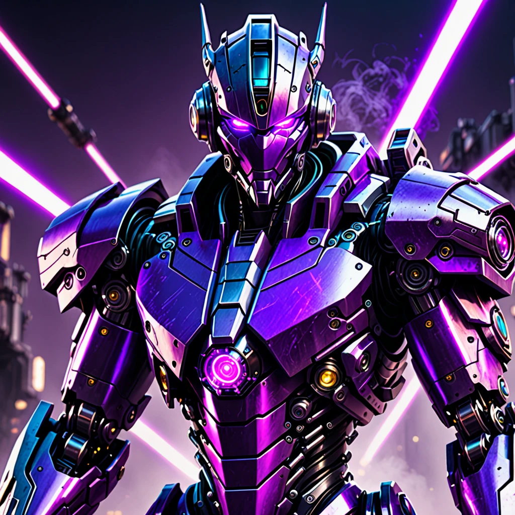 A fully mechanical humanoid being with violet laser cannons on his forearms., violet core and bright violet eyes, black and violet aesthetic, villain look