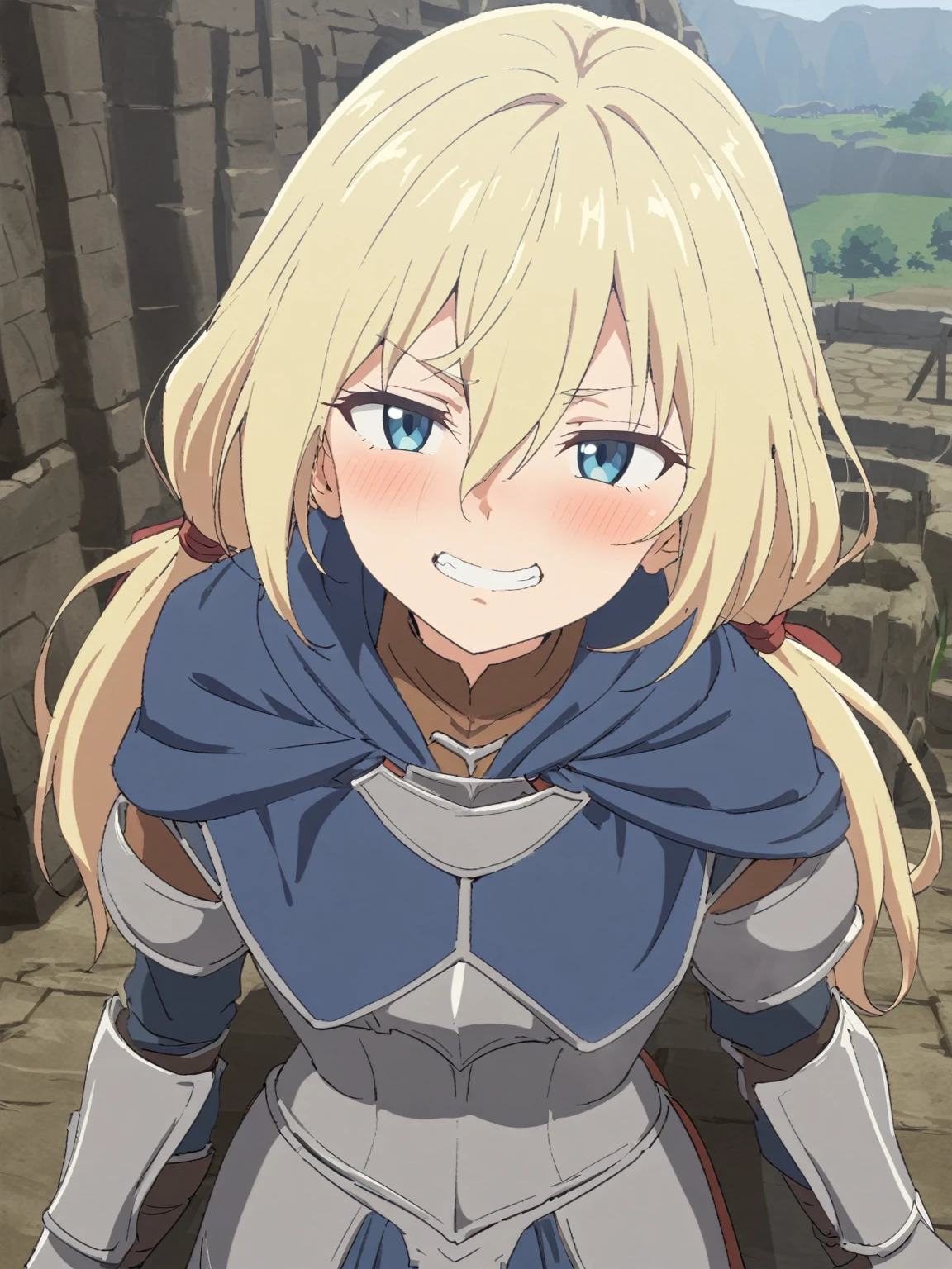 {{upper body}} {{Artist: sincos}} 1girl,solo, light blond hair, blue eyes, tsurime, long bangs, hair between eyes, low twintails, full armor, grin, wink lips, adult woman,, blue capelet, pov, medieval fantasy.