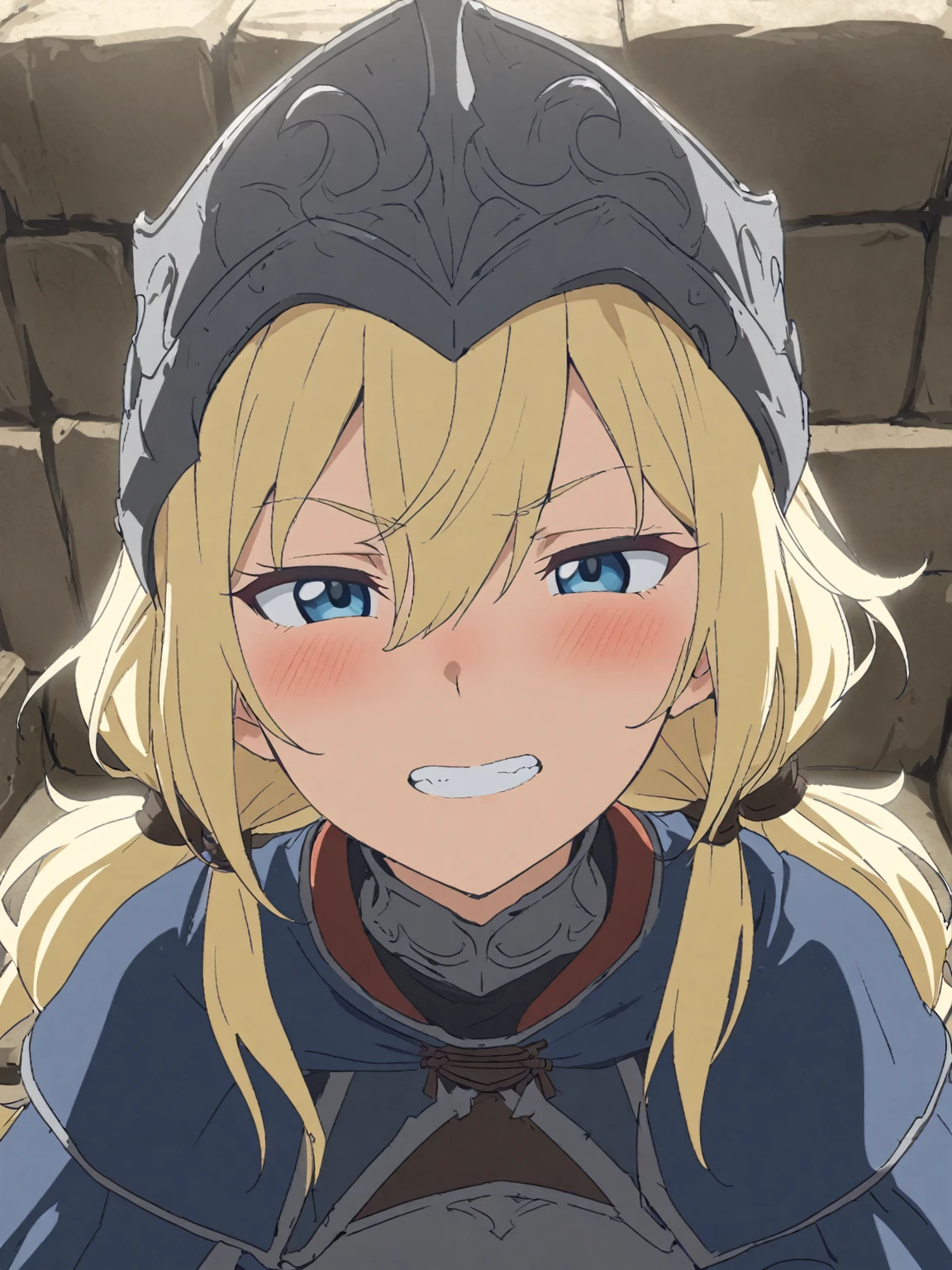 {{upper body}} {{Artist: sincos}} 1girl,solo, light blond hair, blue eyes, tsurime, long bangs, hair between eyes, low twintails, full armor, grin, wink lips, adult woman,, blue capelet, pov, medieval fantasy.
