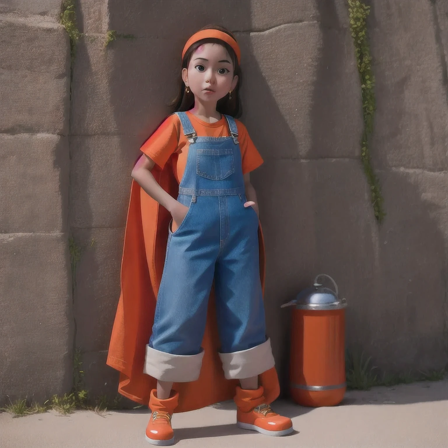 arafed girl standing on a beach with an orange overall, orange jumpsuit, overalls, wearing an orange jumpsuit, official product image, wearing overalls, orange halter top, artist wearing overalls, wearing an orange t-shirt, wearing orange sundress, wearing orange prison jumpsuit, neck zoomed in, wearing an orange t shirt, cute girl wearing tank suit