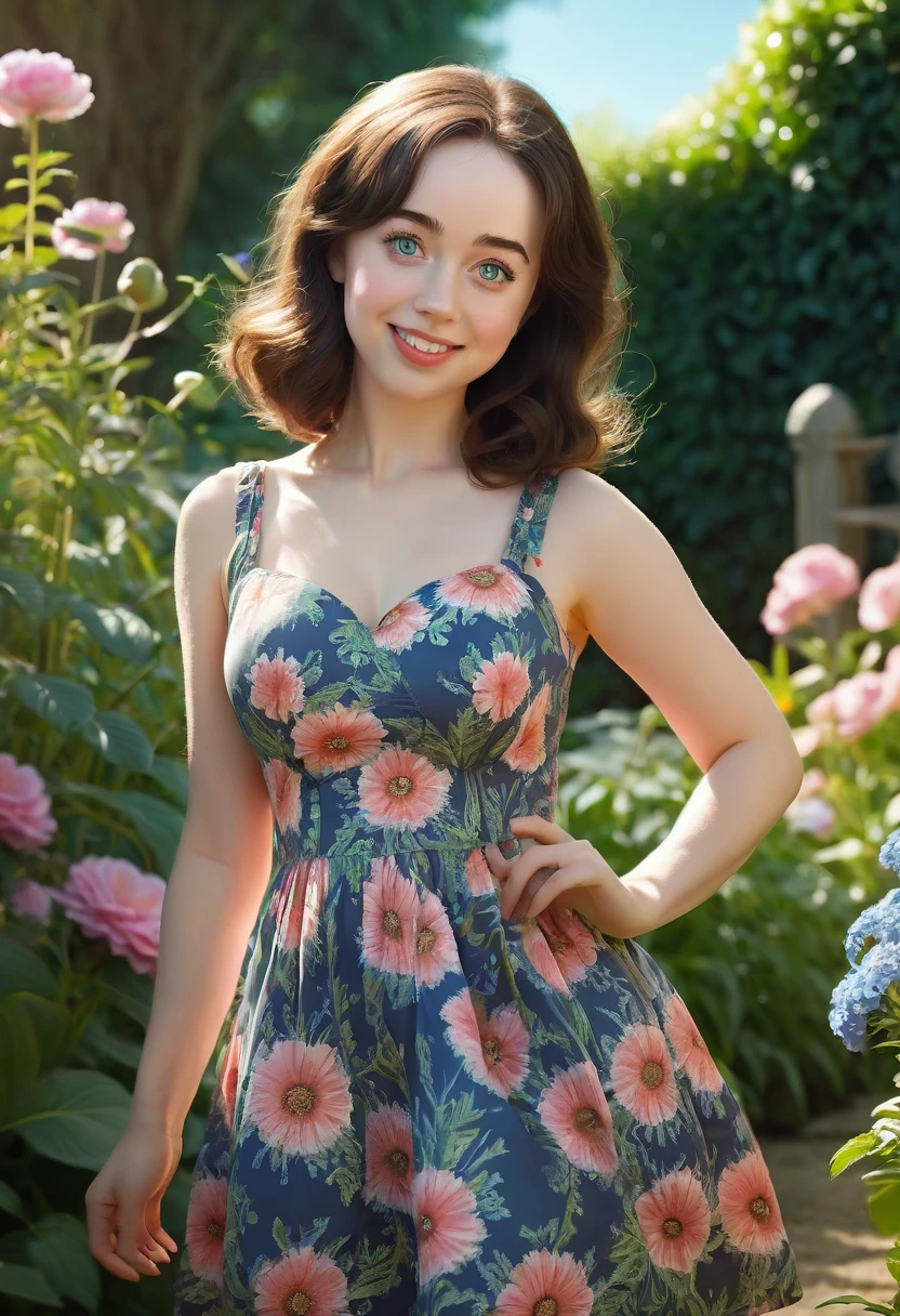 Adorable, Woman,big-eyed woman, round face. promenent lips. Smileing,In the garden,Her hands are behind her...., , large ass, wearing a cute sun dress. Picture from the side,looking at the scenes, intense colors, Very valuable details, complex details, volumetric lighting, digital art, 8k, trending on Artstation, Clear focus, complex details, highly detail, Greg Rutkowski Big Eyes, high-resolution, Black hair. Anna Popplewell