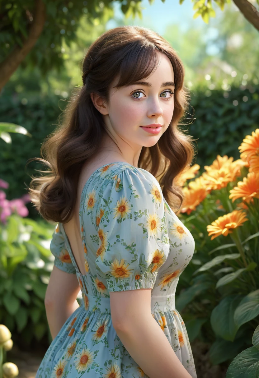 Adorable, Woman,big-eyed woman, round face. promenent lips. Smileing,In the garden,Her hands are behind her...., , large ass, wearing a cute sun dress. Picture from the side,looking at the scenes, intense colors, Very valuable details, complex details, volumetric lighting, digital art, 8k, trending on Artstation, Clear focus, complex details, highly detail, Greg Rutkowski Big Eyes, high-resolution, Black hair. Anna Popplewell