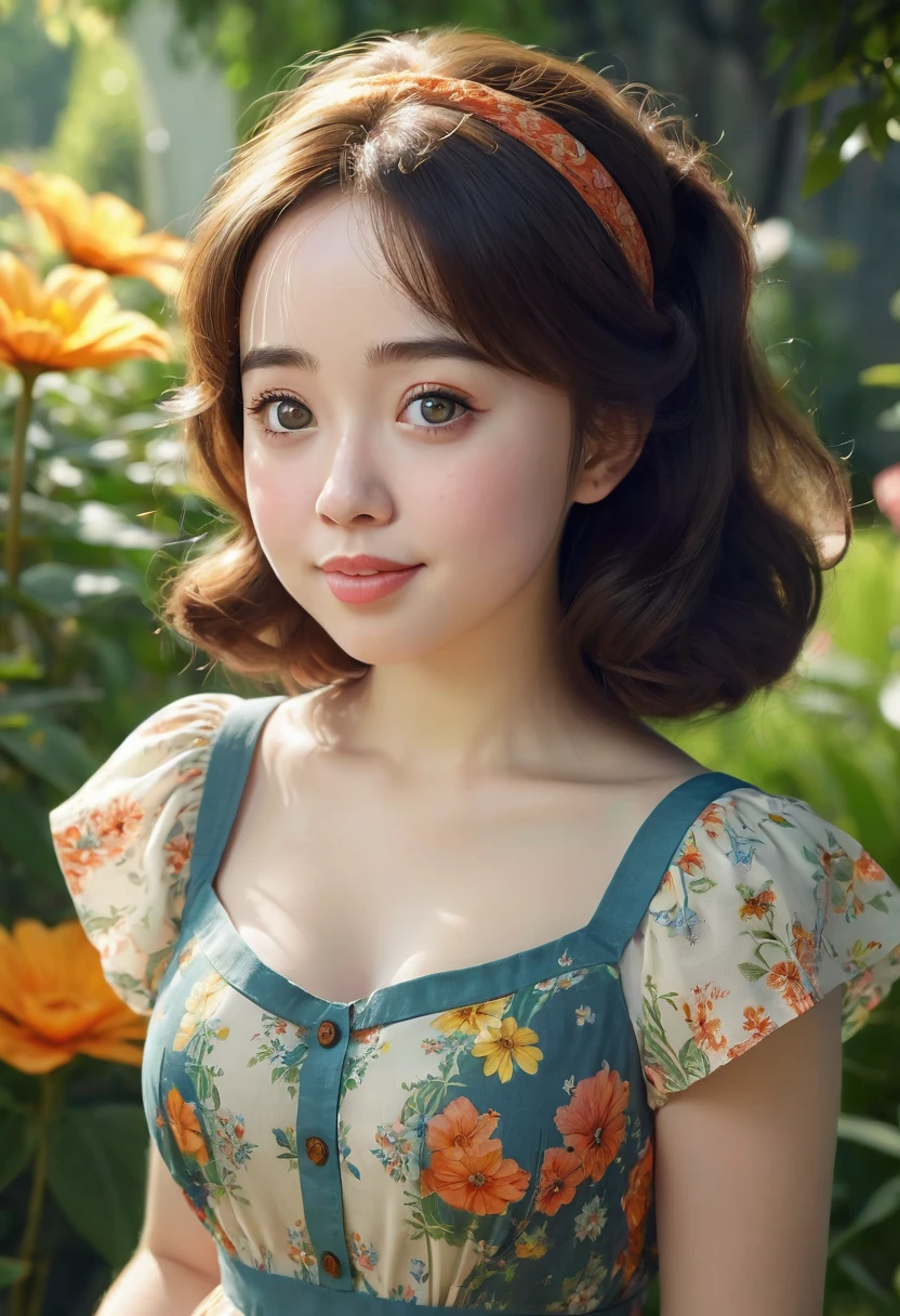 Adorable, Woman,big-eyed woman, round face. promenent lips. Smileing,In the garden,Her hands are behind her...., , large ass, wearing a cute sun dress. Picture from the side,looking at the scenes, intense colors, Very valuable details, complex details, volumetric lighting, digital art, 8k, trending on Artstation, Clear focus, complex details, highly detail, Greg Rutkowski Big Eyes, high-resolution, Black hair. Anna Popplewell