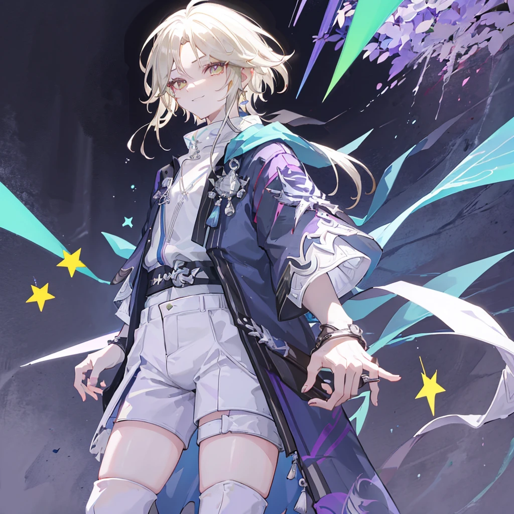 A Boy With Medium-Length Straight White Hair at Neck Length, He has violet eyes with a white circle in the iris, for clothes he wears a wide white t-shirt with another underneath in black with yellow stripes, with Violet Pants with Lightning Details. Stylish Black Sneakers and an Eye Necklace. and also he has a strong red eyeliner on his eyes and a black line on his throat with some ripples and a yellow 4-sided star in the center of it.. He has a cold and serious personality with a more triangular and mature face.. He is smiling and standing in a mirror dimension with shades of Neon Purple.