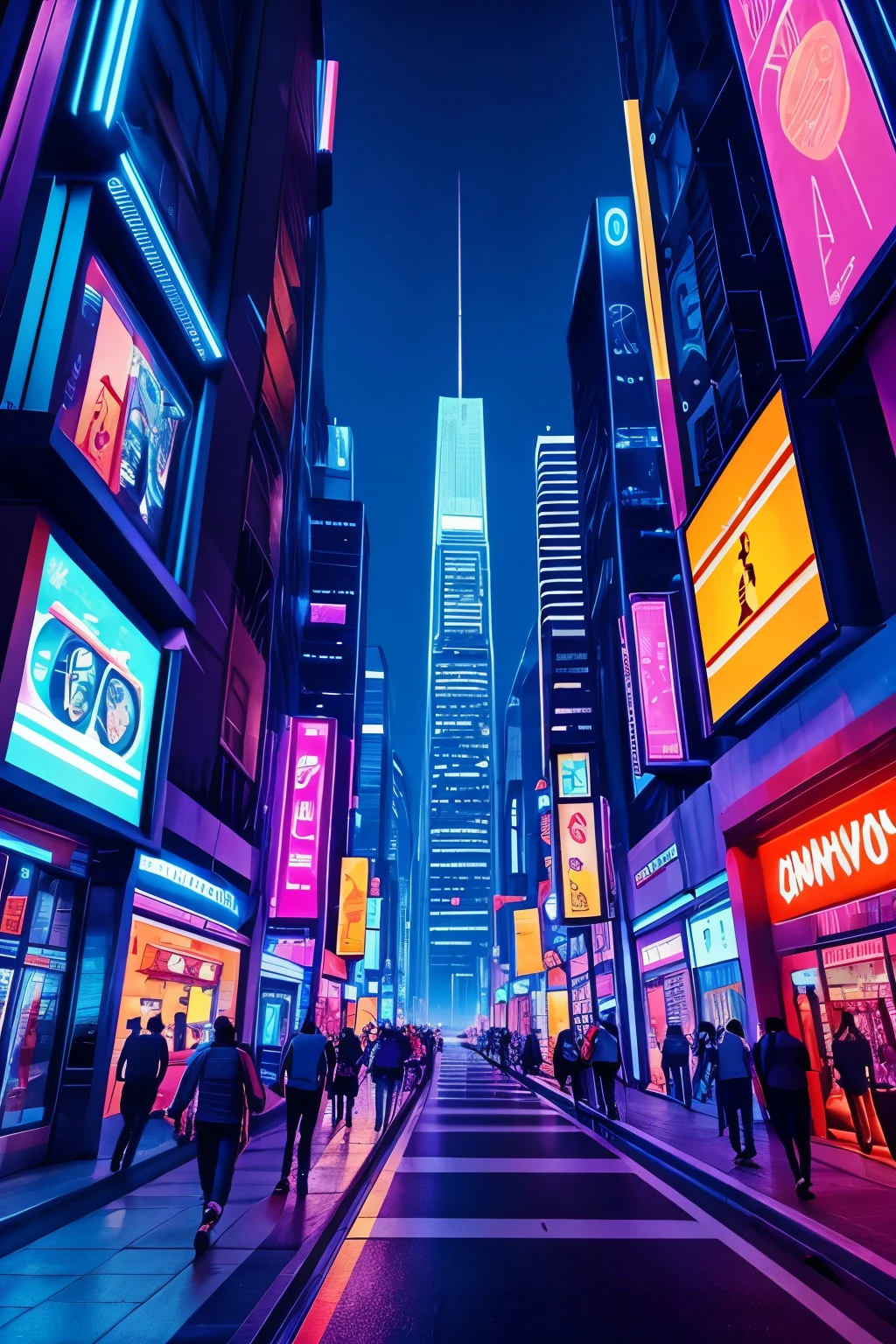 Futuristic siber ponk style city at night and people walking and cars flying more animated style 

