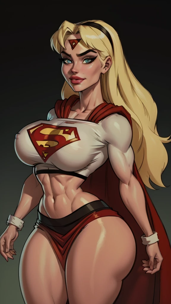 WITH YOUR BACK TO THE CAMERA,((ultra quality)), ((masterpiece)), supes, cute smile, smile, ((long blonde hair)), (Beautiful face), (beautiful female lips), (), charming, ((sexy facial expression)), (white skin color), (white skin), glare on the body, ((detailed beautiful female eyes)), ((dark brown eyes)), (juicy female lips), (dark eyeliner), (crop top, midriff, cape )(((headband))), (((red long skirt))), wide eyebrows, slanted green eyes, makeup eyelids, big cheekbones, thin cheeks, defined jaw, (beautiful female hands), ((ideal female figure)), ideal female body, beautiful waist, gorgeous thighs, beautiful huge breasts, cleavage,((subtle and beautiful)), sexy worth