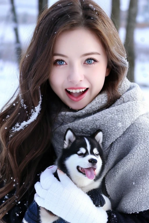 A young woman with long, wavy brown hair and striking blue eyes is posing outdoors in a snowy environment with a Siberian Husky. The woman is wearing a winter coat and has a slightly open mouth, revealing her teeth. The Husky has bright blue eyes, a black and white coat, and its tongue is sticking out. The background is filled with snow, creating a cold and wintry atmosphere.
