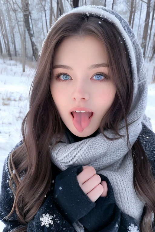 A young woman with long, wavy brown hair and striking blue eyes is posing outdoors in a snowy environment with a Siberian Husky. The woman is wearing a winter coat and has a slightly open mouth, revealing her teeth. The Husky has bright blue eyes, a black and white coat, and its tongue is sticking out. The background is filled with snow, creating a cold and wintry atmosphere.