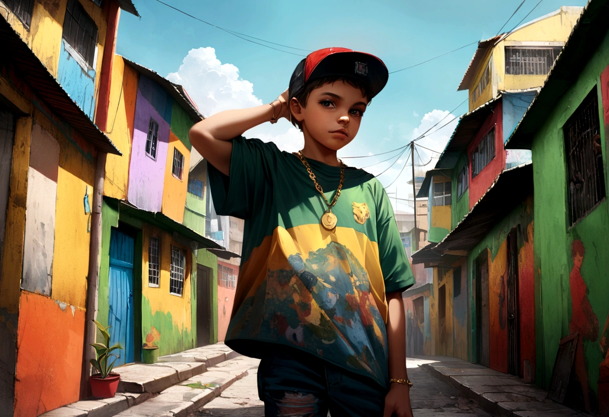 boy wearing snapback hat , and gold hip hop chain with pendant "84", pose ,hyper realist, colors of brazil in the favela