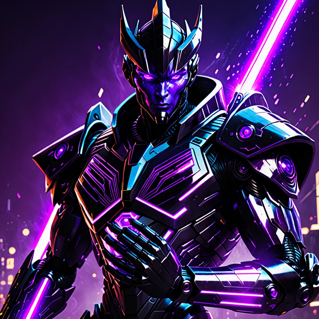 A completely dark humanoid being with violet laser cannons on his forearms., violet core and bright violet eyes, black and violet aesthetic, villain look
