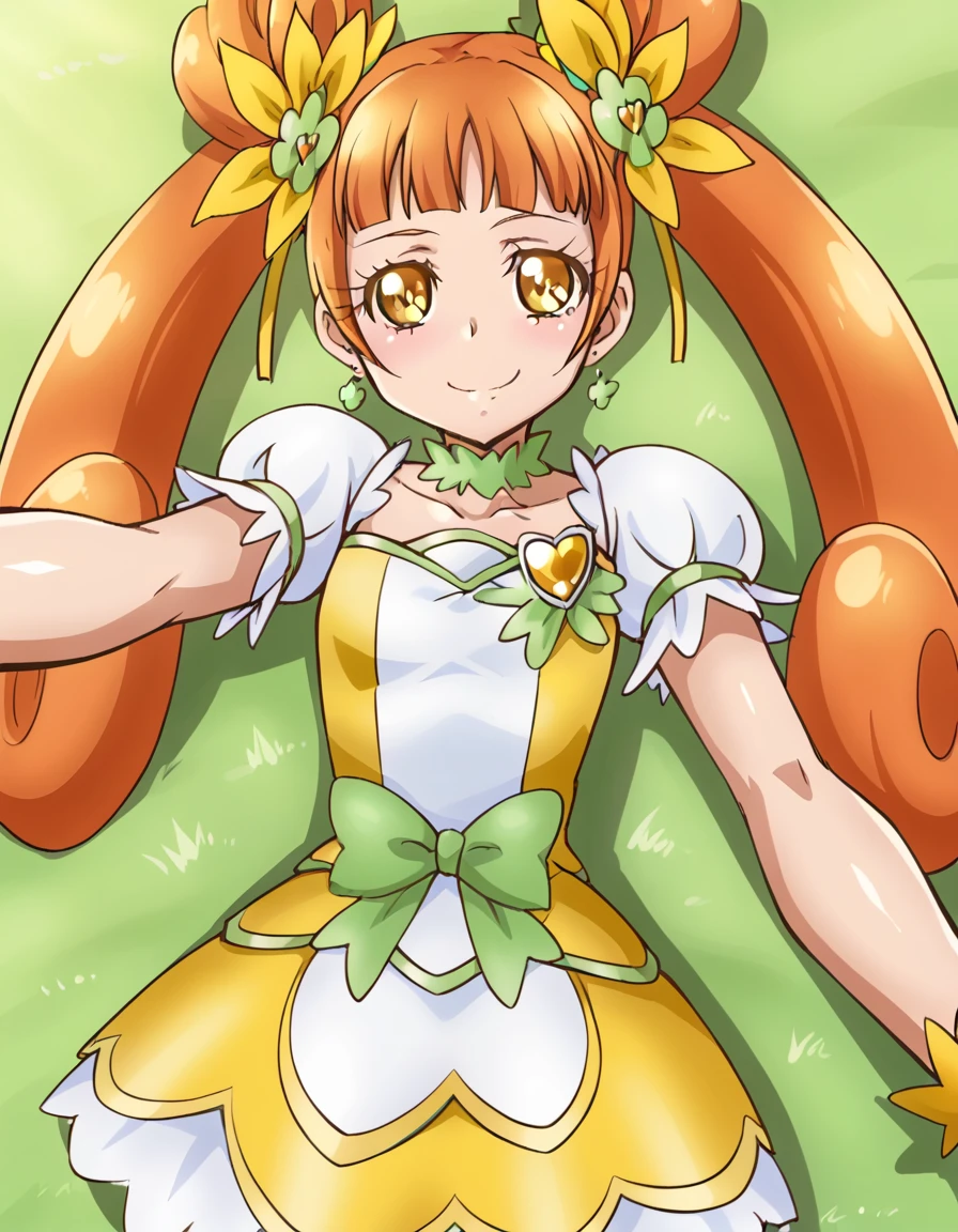 curerosetta, shiny skin,  high quality, solo, lying, on back, arms up, spread arms, closed mouth, on grass, cowboy shot, looking at viewer, nervous, smile, best quality, 