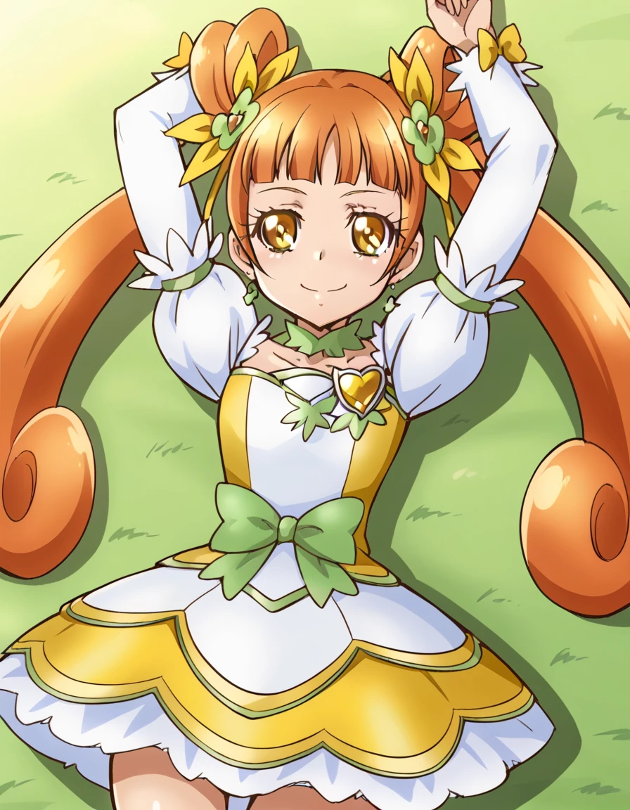 curerosetta, shiny skin, high quality, solo, lying, on back, arms up, spread arms, closed mouth, on grass, cowboy shot, looking at viewer, nervous, smile, best quality,